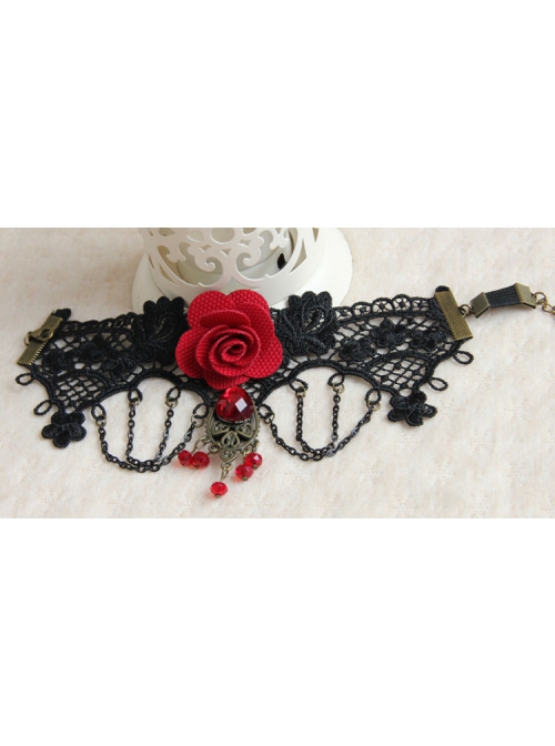 Fashion Retro Gothic Palace Vampire Black Lace Tassel Red Rose Flower Female Armband