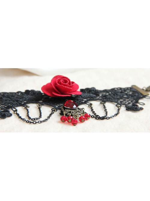 Fashion Retro Gothic Palace Vampire Black Lace Tassel Red Rose Flower Female Armband