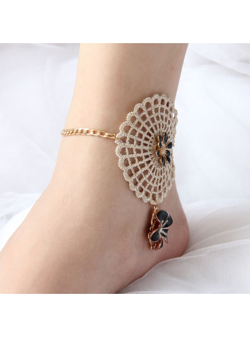 Handmade Fashion Simple Female Retro Golden Lace Black Small Flower Anklet