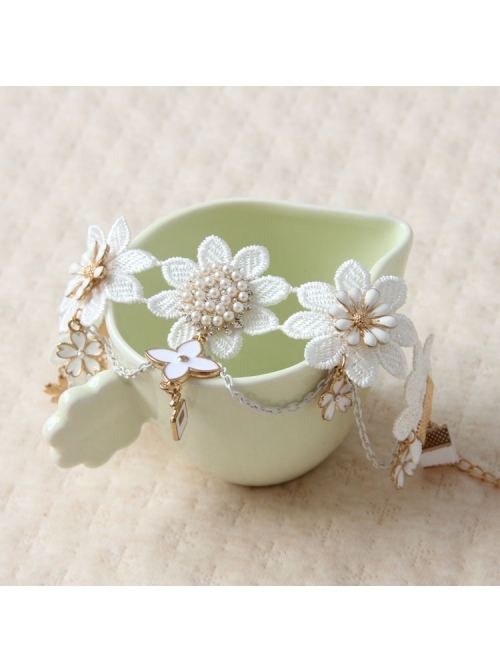 Bride Fashion White Lace Tassel Pearl Cherry Blossom Palace Retro Female Armband