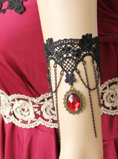 Dark Gothic Fashion Retro Ruby Black Lace Tassel Female Armband