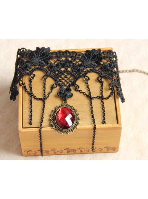 Dark Gothic Fashion Retro Ruby Black Lace Tassel Female Armband