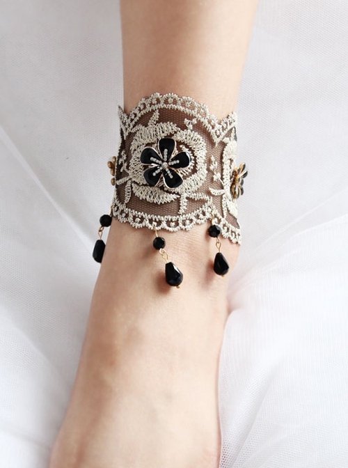 Fashion Retro Gold Silk Lace Black Flower Man-Made Crystal Female Anklet