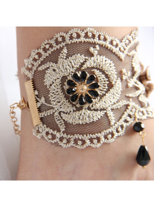 Fashion Retro Gold Silk Lace Black Flower Man-Made Crystal Female Anklet