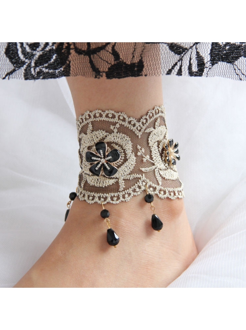 Fashion Retro Gold Silk Lace Black Flower Man-Made Crystal Female Anklet