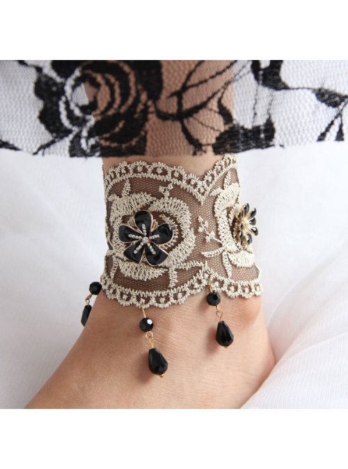 Fashion Retro Gold Silk Lace Black Flower Man-Made Crystal Female Anklet