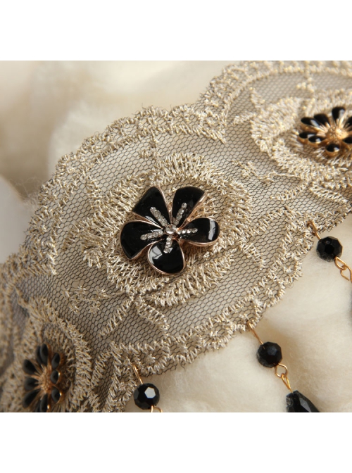 Fashion Retro Gold Silk Lace Black Flower Man-Made Crystal Female Anklet