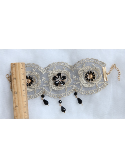 Fashion Retro Gold Silk Lace Black Flower Man-Made Crystal Female Anklet