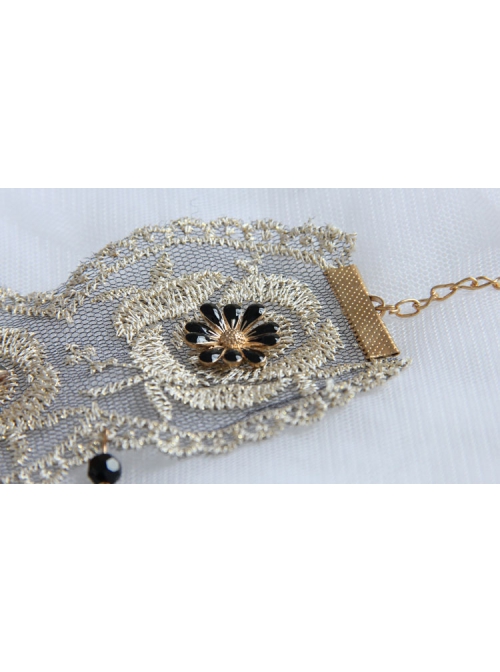 Fashion Retro Gold Silk Lace Black Flower Man-Made Crystal Female Anklet