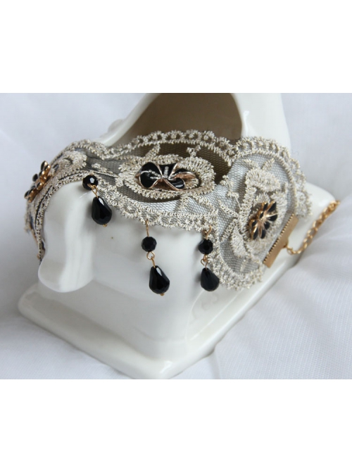 Fashion Retro Gold Silk Lace Black Flower Man-Made Crystal Female Anklet