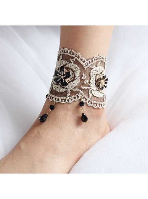 Fashion Retro Gold Silk Lace Black Flower Man-Made Crystal Female Anklet