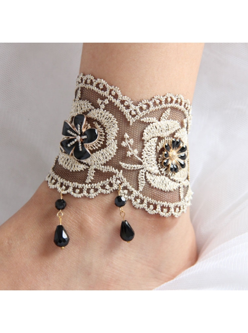 Fashion Retro Gold Silk Lace Black Flower Man-Made Crystal Female Anklet