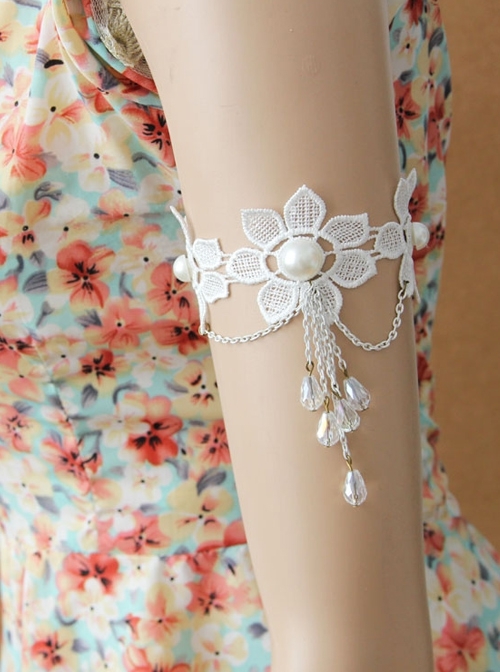 Fashion Retro Baroque White Tassel Bride Wedding Lace Flower Crystal Pearl Armband