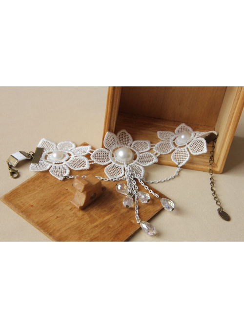 Fashion Retro Baroque White Tassel Bride Wedding Lace Flower Crystal Pearl Armband