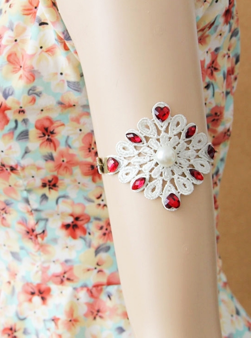 Fashion Retro Wedding Dress Bride White Pearl Red Diamond Lace Exaggerated Personality Armband