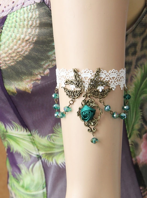 Fashion Dark Green Rose Flower Crystal Retro Dance White Lace Elastic Female Armband