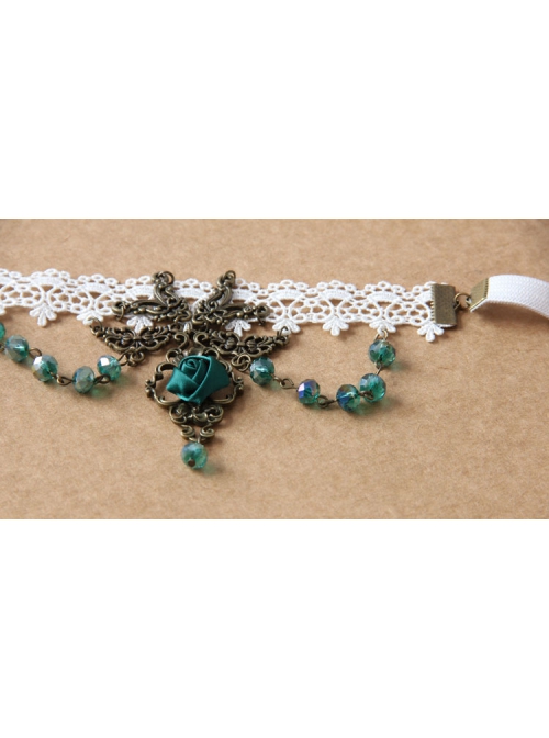 Fashion Dark Green Rose Flower Crystal Retro Dance White Lace Elastic Female Armband