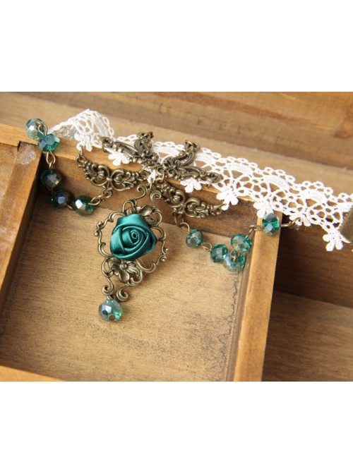 Fashion Dark Green Rose Flower Crystal Retro Dance White Lace Elastic Female Armband