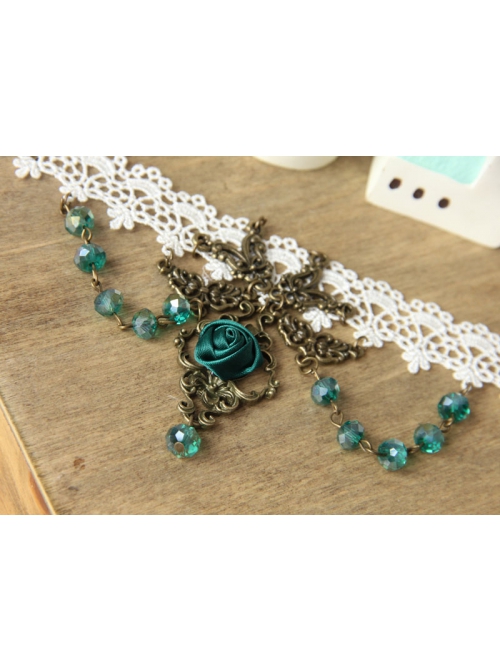 Fashion Dark Green Rose Flower Crystal Retro Dance White Lace Elastic Female Armband