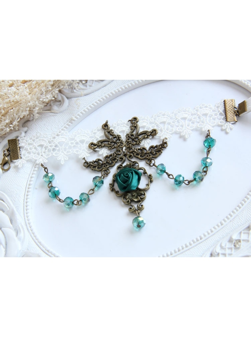 Fashion Dark Green Rose Flower Crystal Retro Dance White Lace Elastic Female Armband