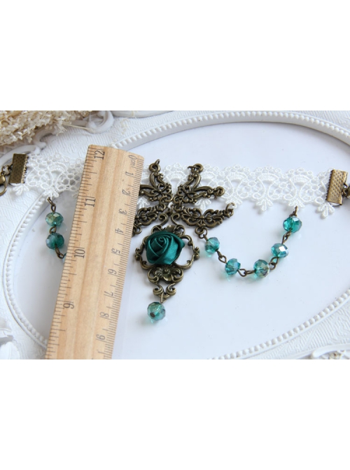 Fashion Dark Green Rose Flower Crystal Retro Dance White Lace Elastic Female Armband