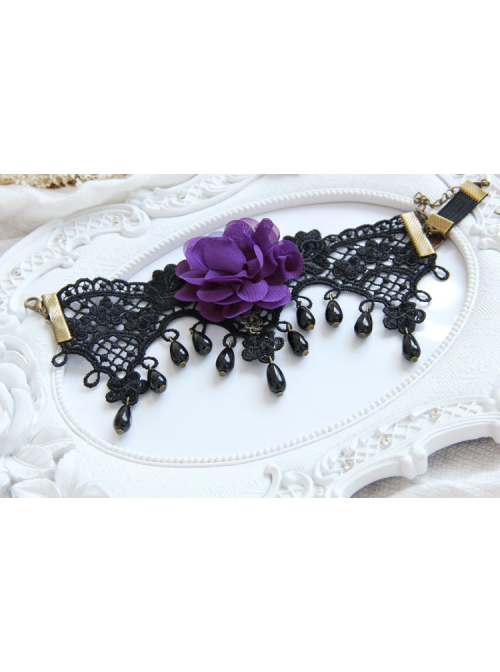 Palace Retro Fashion Purple Flower Black Lace Water Drop Pearl Female Armband