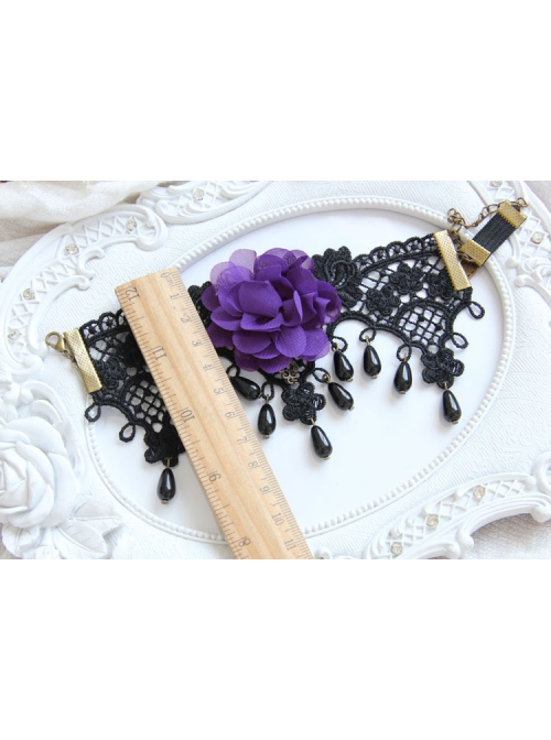 Palace Retro Fashion Purple Flower Black Lace Water Drop Pearl Female Armband