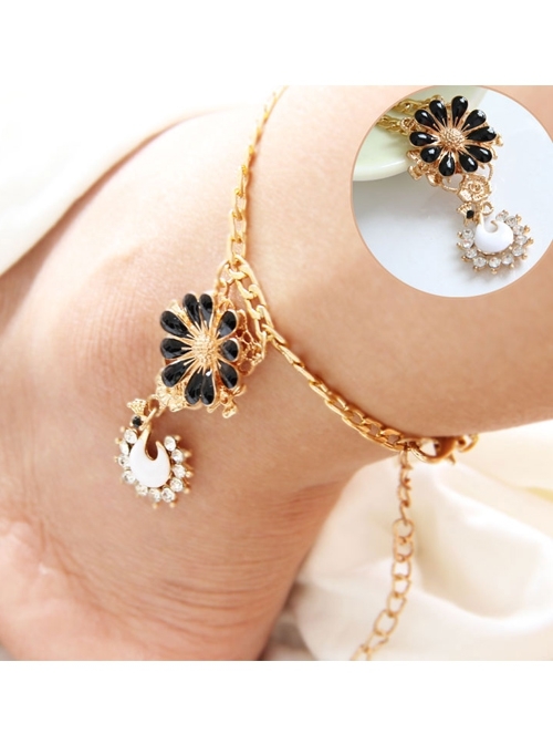 Lucky Fashion Sweet Black Flower Swan Golden Chain Female Anklet