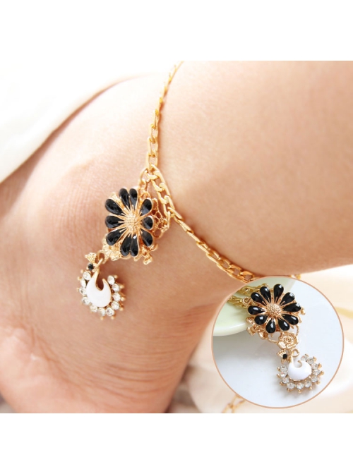 Lucky Fashion Sweet Black Flower Swan Golden Chain Female Anklet