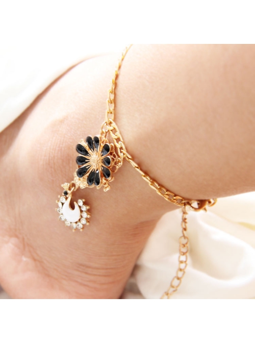 Lucky Fashion Sweet Black Flower Swan Golden Chain Female Anklet