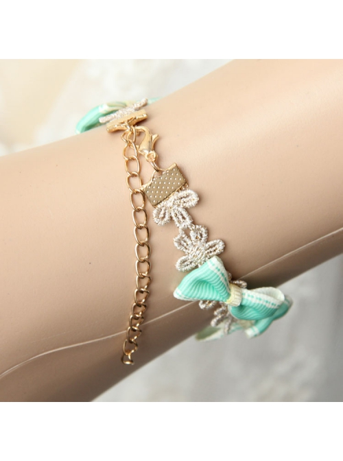 Retro Fashion Cute Green Bow Golden Lace Flower Female Anklet