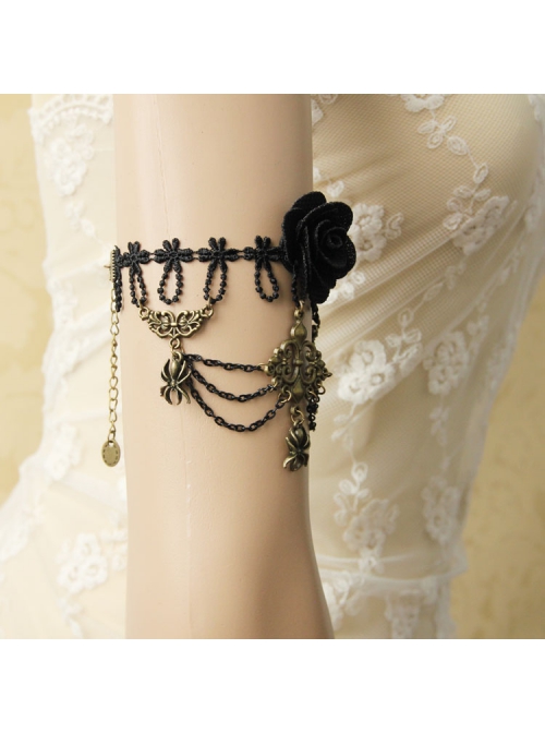 Vintage Gothic Bride Fashion Spider Black Rose Lace Tassel Female Armband