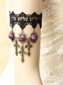 Retro Gothic Fashion Wedding Cross Black Lace Purple Rose Flower Female Armband