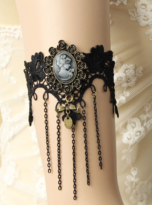 Gothic Fashion Retro Beauty Bowknot Black Lace Rose Tassel Wedding Dress Female Wide Armband