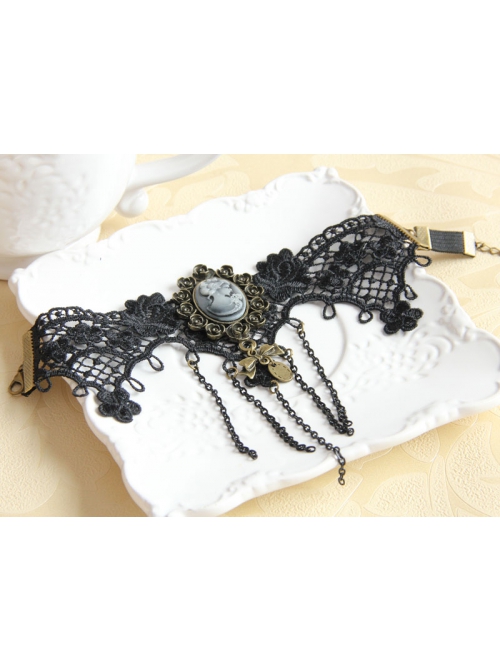 Gothic Fashion Retro Beauty Bowknot Black Lace Rose Tassel Wedding Dress Female Wide Armband