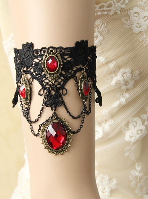 Goth Fashion Retro Bride Wedding Dress Ruby Black Lace Flower Tassel Female Armband