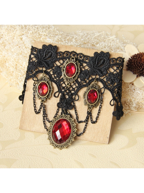 Goth Fashion Retro Bride Wedding Dress Ruby Black Lace Flower Tassel Female Armband
