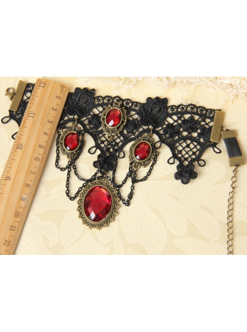 Goth Fashion Retro Bride Wedding Dress Ruby Black Lace Flower Tassel Female Armband