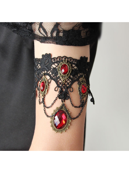 Goth Fashion Retro Bride Wedding Dress Ruby Black Lace Flower Tassel Female Armband