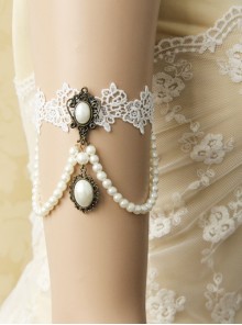 Retro Fashion Baroque Bride White Pearl Lace Flower Wedding Dress Female Armband