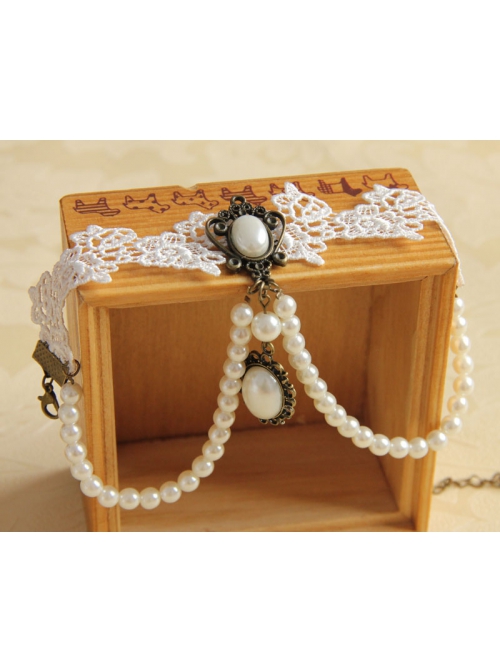 Retro Fashion Baroque Bride White Pearl Lace Flower Wedding Dress Female Armband