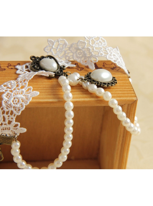 Retro Fashion Baroque Bride White Pearl Lace Flower Wedding Dress Female Armband
