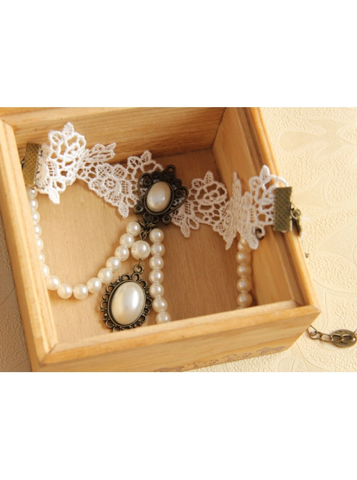 Retro Fashion Baroque Bride White Pearl Lace Flower Wedding Dress Female Armband