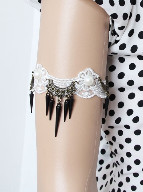 Fashion Casual Retro Bride Wedding Dress Dancing White Lace Pearl Black Rivet Armband