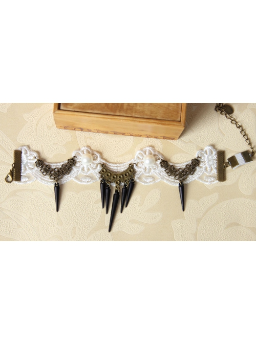 Fashion Casual Retro Bride Wedding Dress Dancing White Lace Pearl Black Rivet Armband