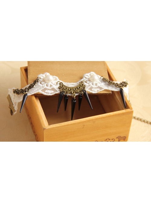 Fashion Casual Retro Bride Wedding Dress Dancing White Lace Pearl Black Rivet Armband