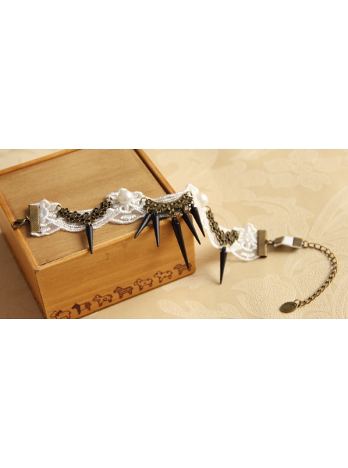 Fashion Casual Retro Bride Wedding Dress Dancing White Lace Pearl Black Rivet Armband