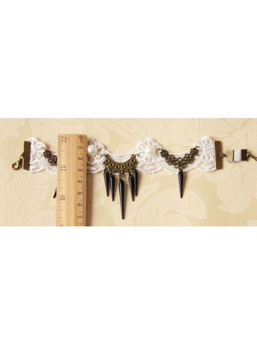 Fashion Casual Retro Bride Wedding Dress Dancing White Lace Pearl Black Rivet Armband