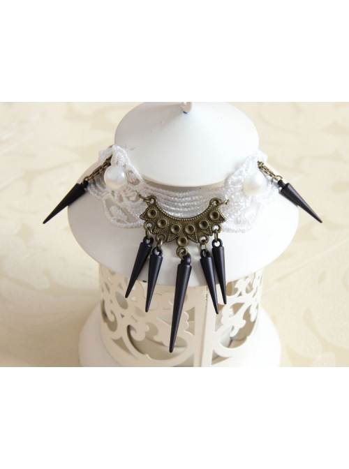 Fashion Casual Retro Bride Wedding Dress Dancing White Lace Pearl Black Rivet Armband