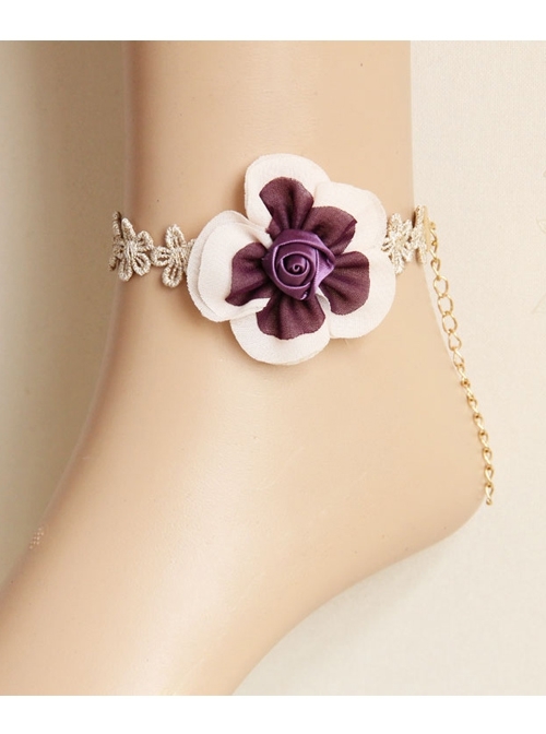 Fashion Retro Leisure Purple Rose Flower Female Golden Lace Anklet
